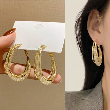 DAIIIBABYYY  -  Korean Gold Color Metal Mesh Crystal Hoop Earrings Women Fashion Jewelry Luxury Geometric Grid Big Circle Earings Femme